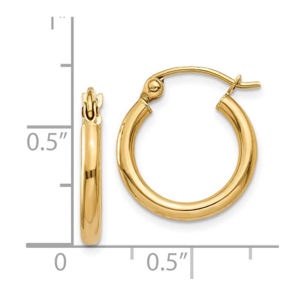 2mm x 15mm 14k Yellow Gold Classic Round Hoop Earrings - Picture 4 of 5